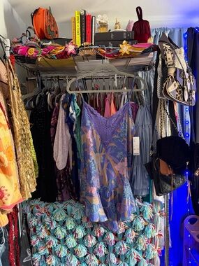 Urban Outfitters Purple Floral Satin Slip Dress with Orange Accents